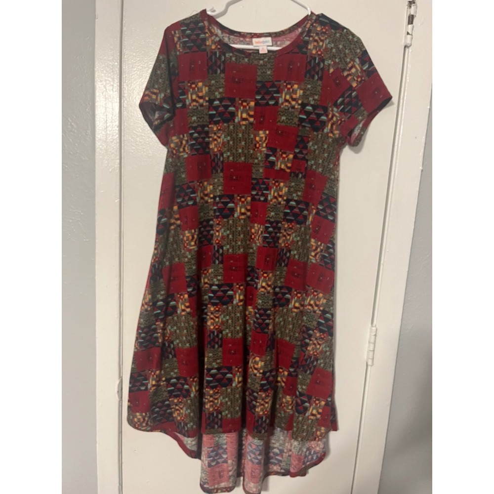 LuLaRoe Carly‎ Dress Womens Small Red Geometric Patchwork High Low Short Sleeve